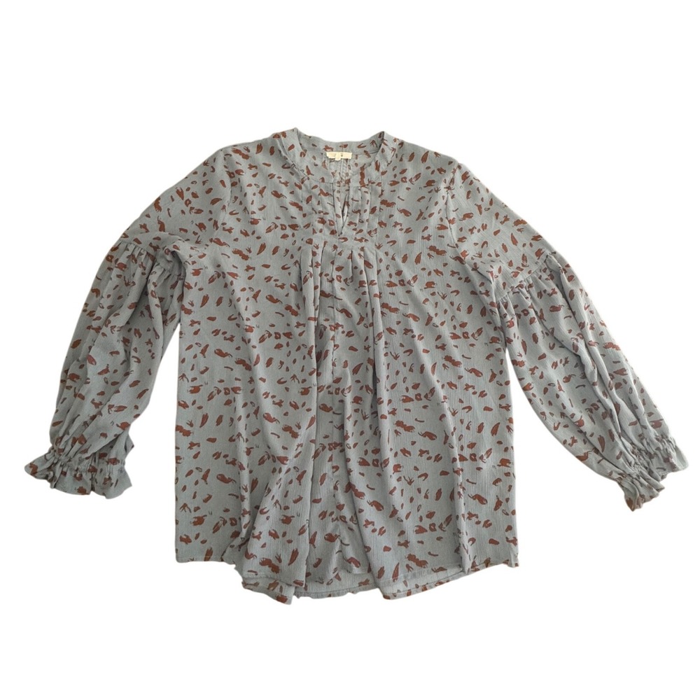 Entro Womens 2X Blue Rust Abstract Print Balloon Sleeve‎ Ruffle Blouse